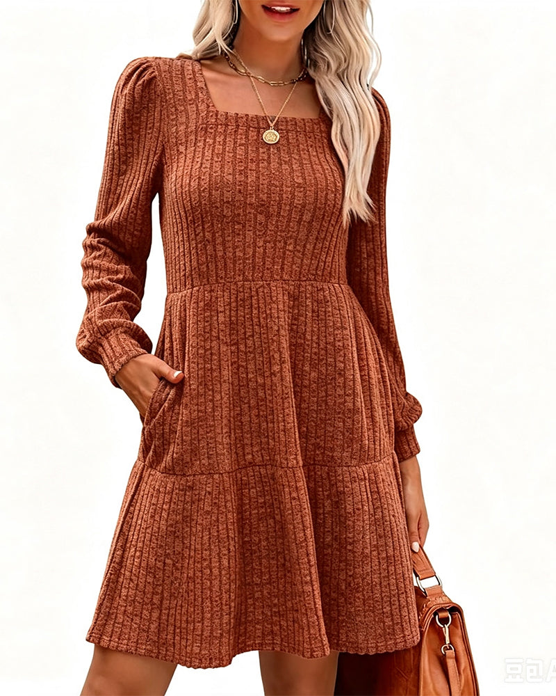 Square Neck Bubble Sleeve Ribbed Dress