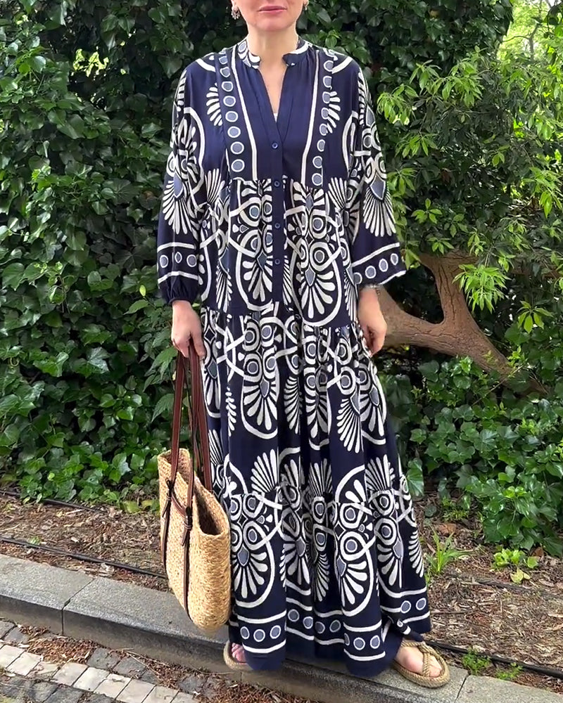 Retro print casual long sleeve dress