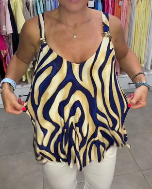 V-Neck Strappy Zebra Print Metal Button Blouse