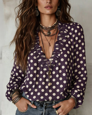 Ruffled V-Neck Polka Dot Loose Blouse
