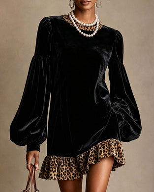 Round Neck Lantern Sleeve Leopard Print Dress
