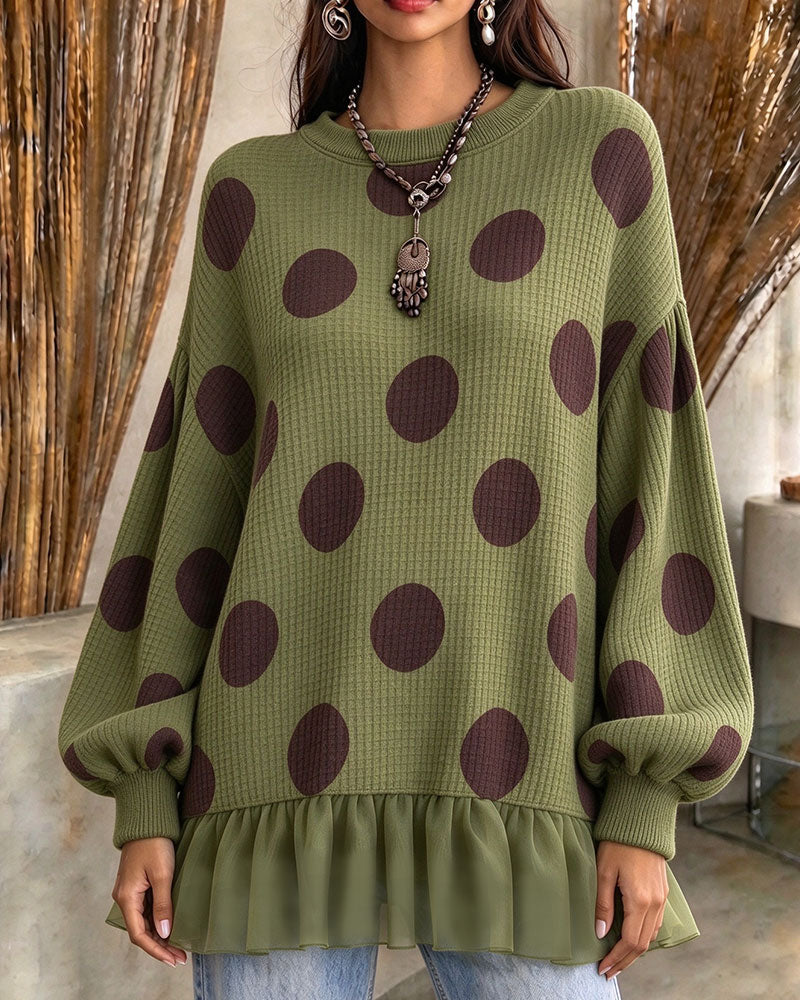 Round Neck Polka Dot Ruffle Sweatshirt