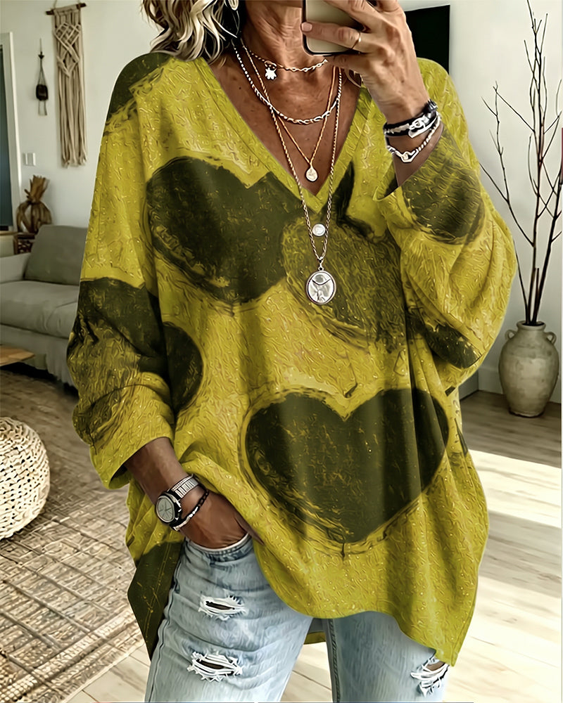 Heart Print V-Neck Loose Top