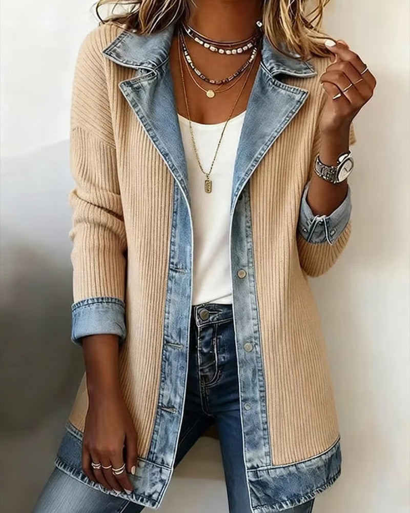 Lapel Button Patchwork Coat