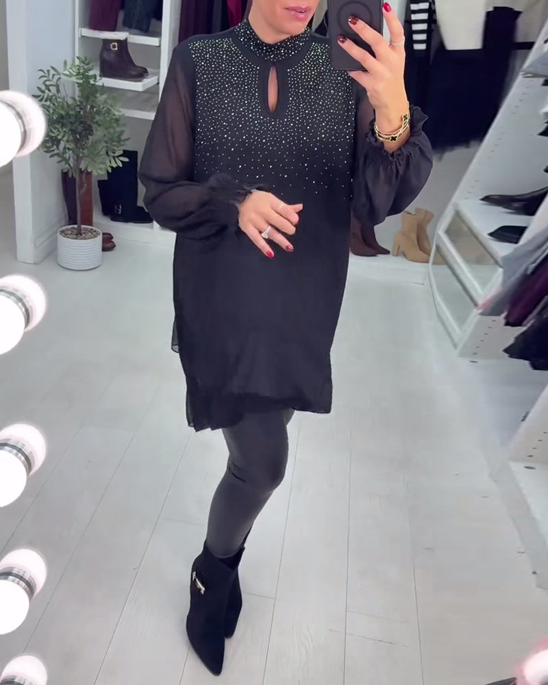 Long-Sleeved Patchwork Rhinestone Blouses