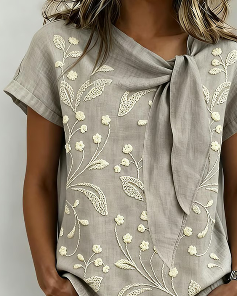 Tie-Neck Floral Embroidered Top