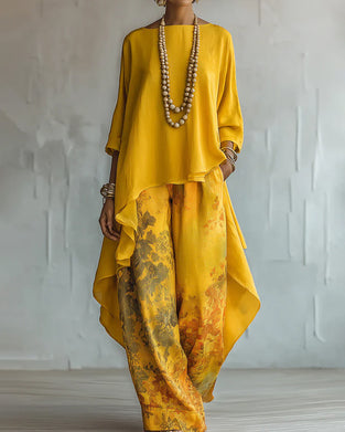 Asymmetrical Hem Top Wide Leg Pant Set