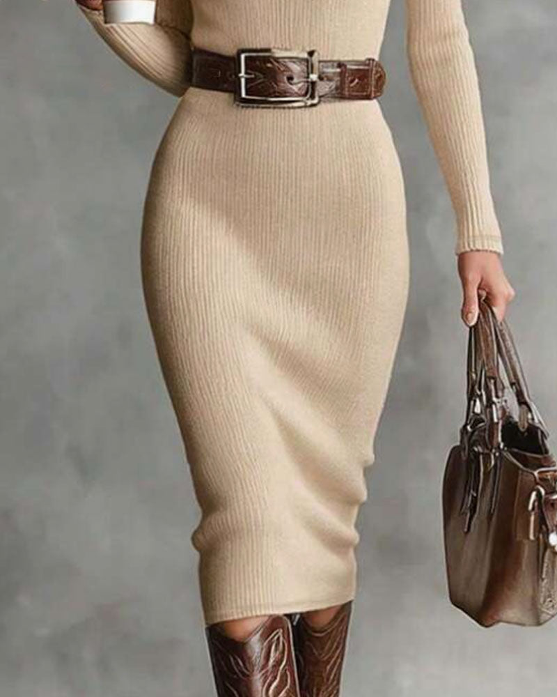 Half-Open Turtleneck Ribbed Bodycon Sweater Dress