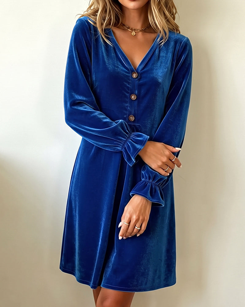 V-Neck Button Ruffle Pleated Dress