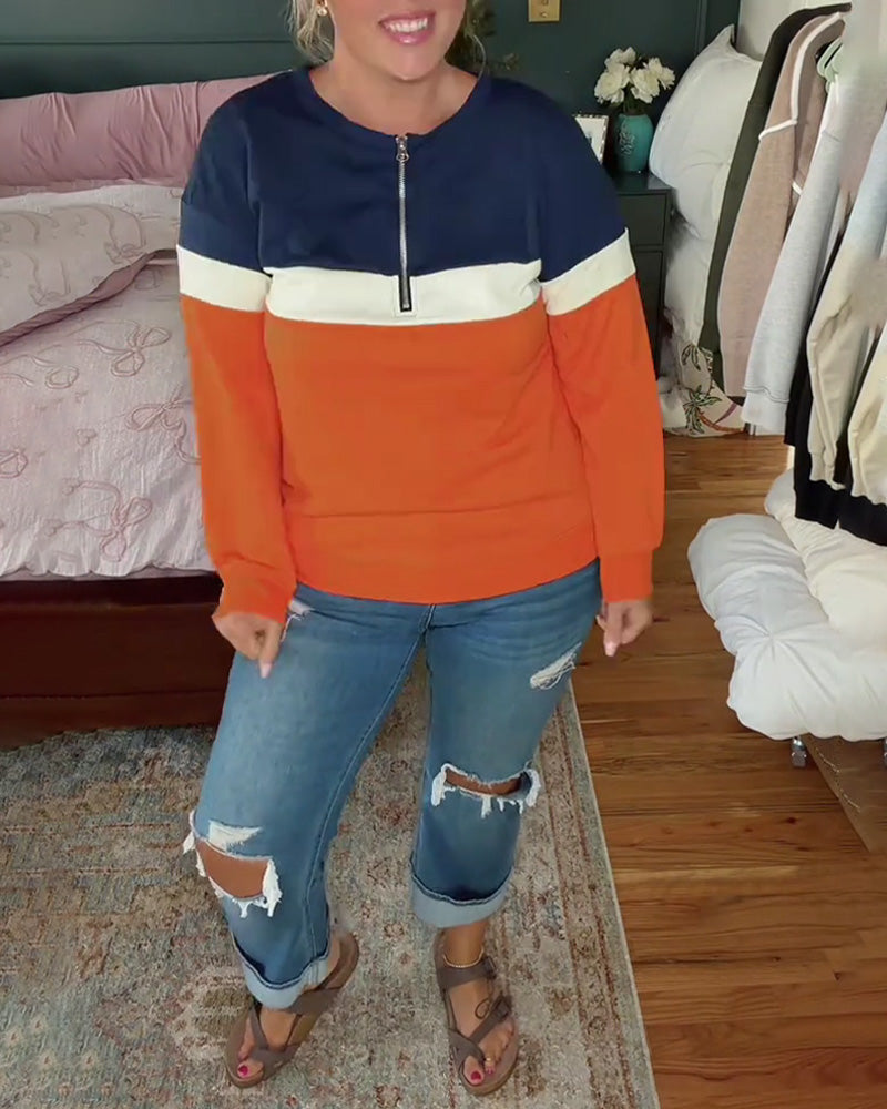 Zippered Stand-Collar Color-Blocked Long-Sleeved Sweatshirt