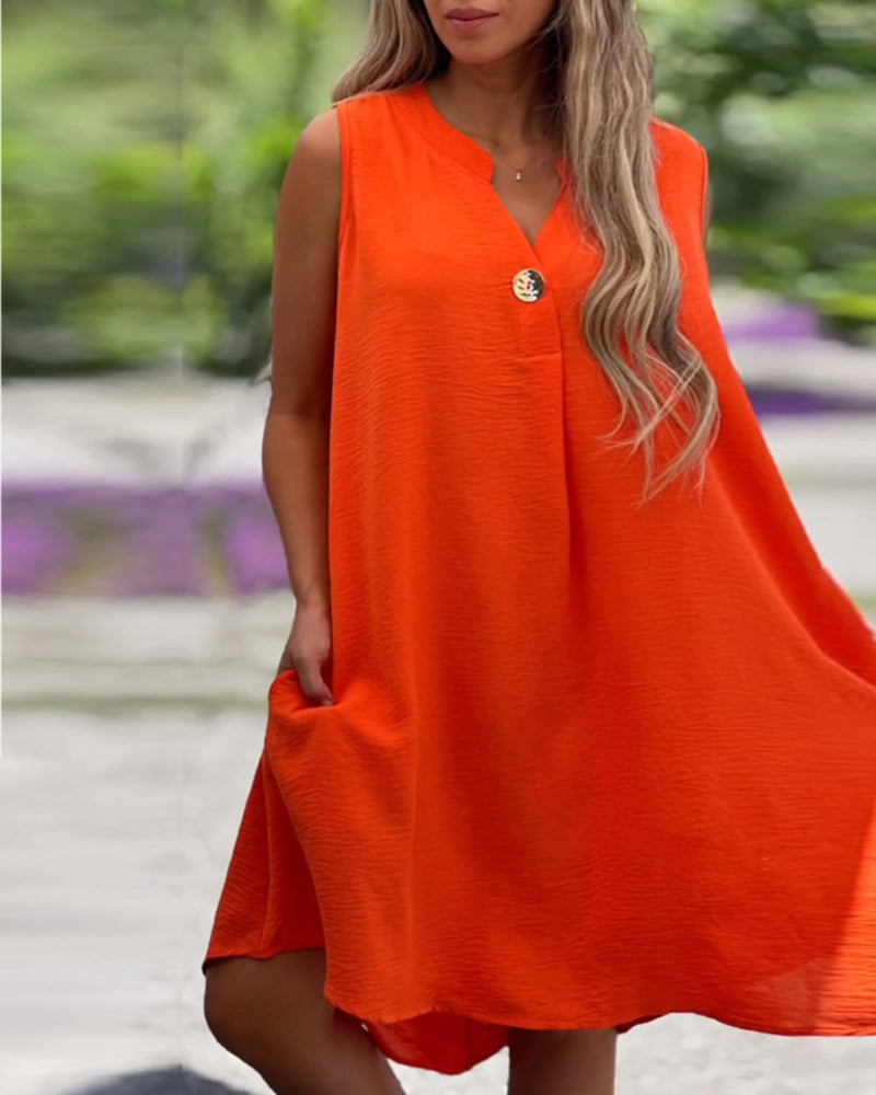 Sleeveless V-Neck Button Dress