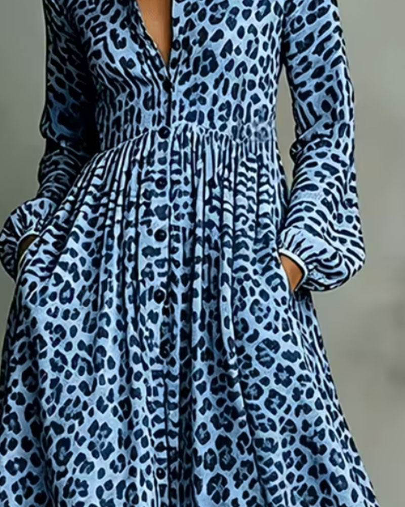 Leopard Lapel Long Shirt Dress