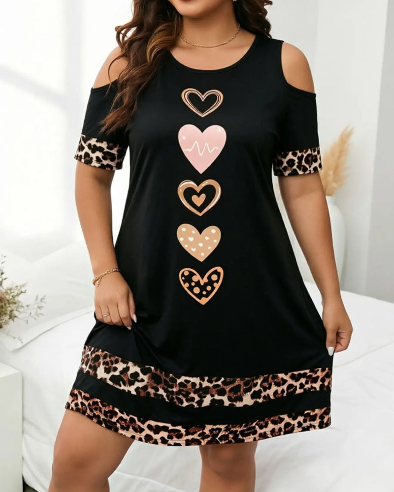 Round Neck Off-Shoulder Leopard Heart Dress