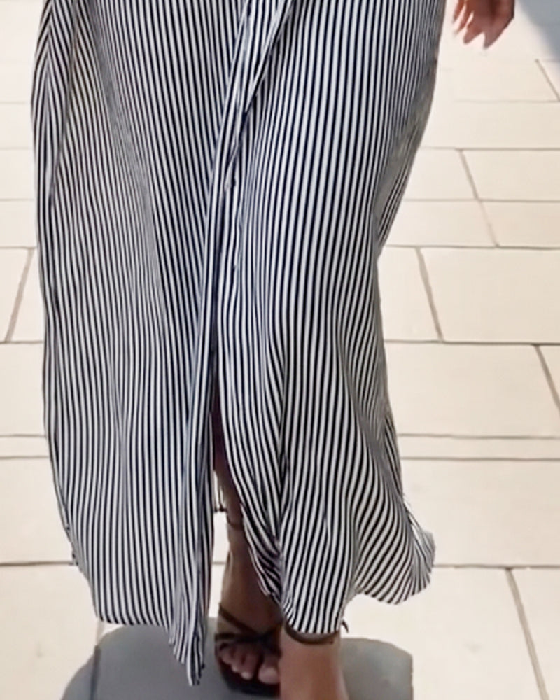 Long Sleeve Lapel Loose Striped Shirt Dress