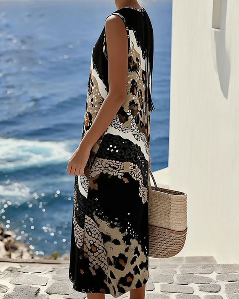 Leopard-Print Patchwork Sleeveless Maxi Dress