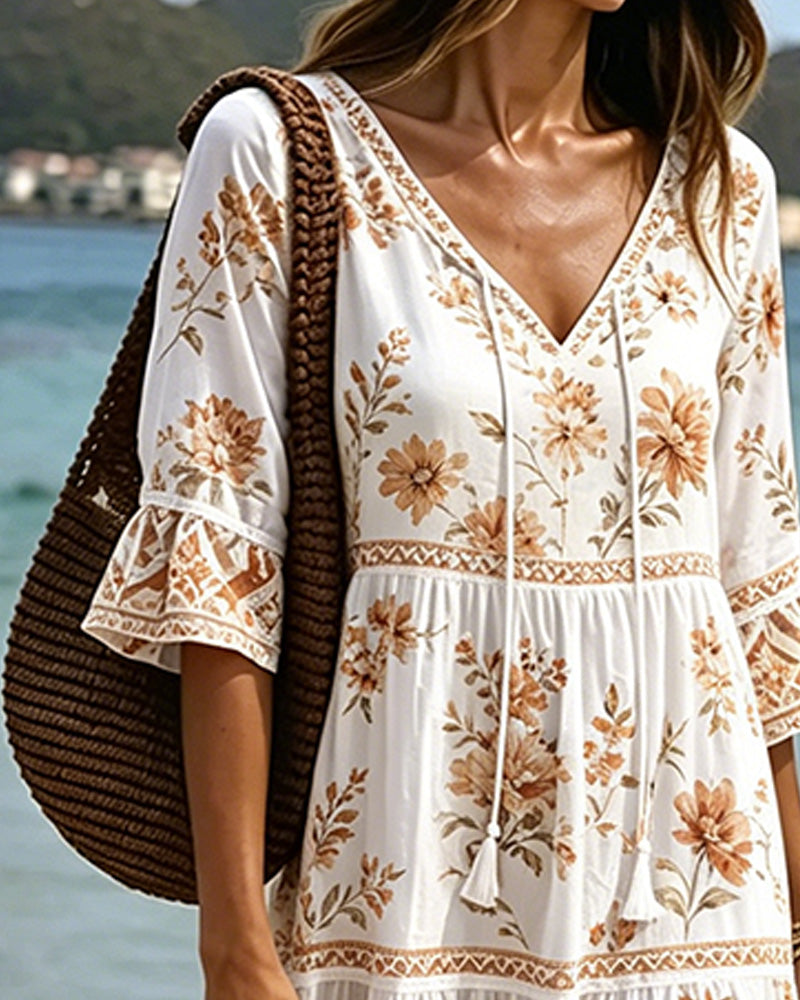 V-Neck Patchwork Floral Vacation Dress