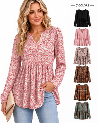 V-Neck Shirred Print Irregular Top