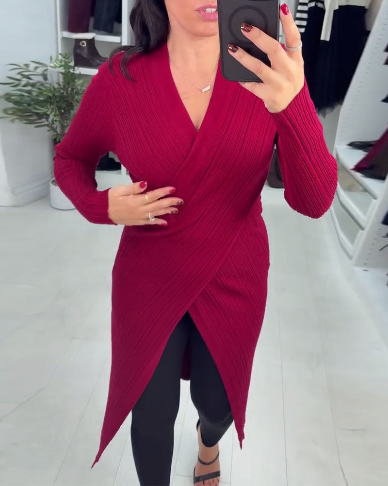 V-Neck Crossover Long-Sleeved Pullover