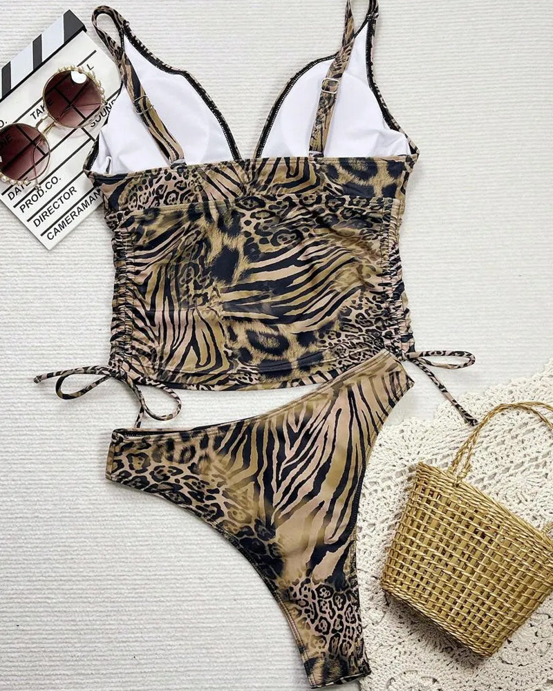 Bind Strap Halter Leopard Print Bikini