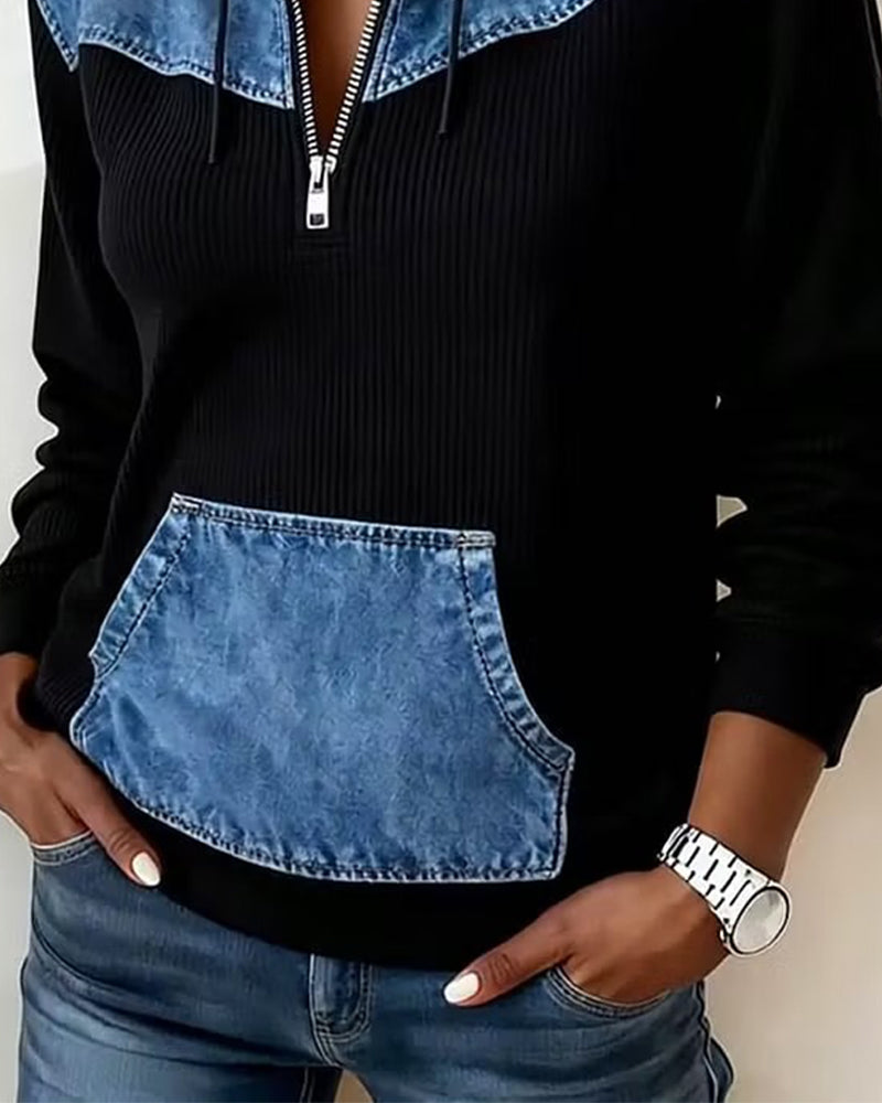 Zipper Denim Patchwork Hoodie