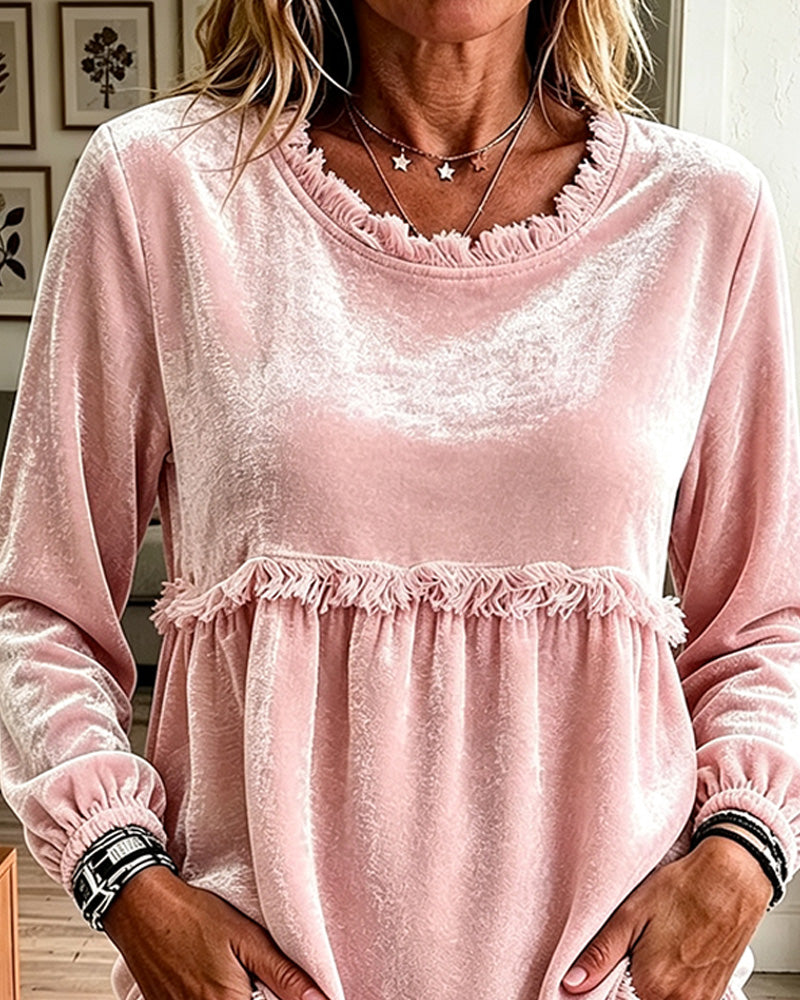 Fringe Smocked Panel Long Sleeve Blouse