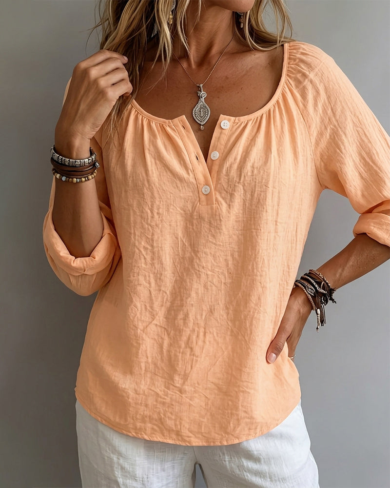 Solid-Color Half-Button Blouse