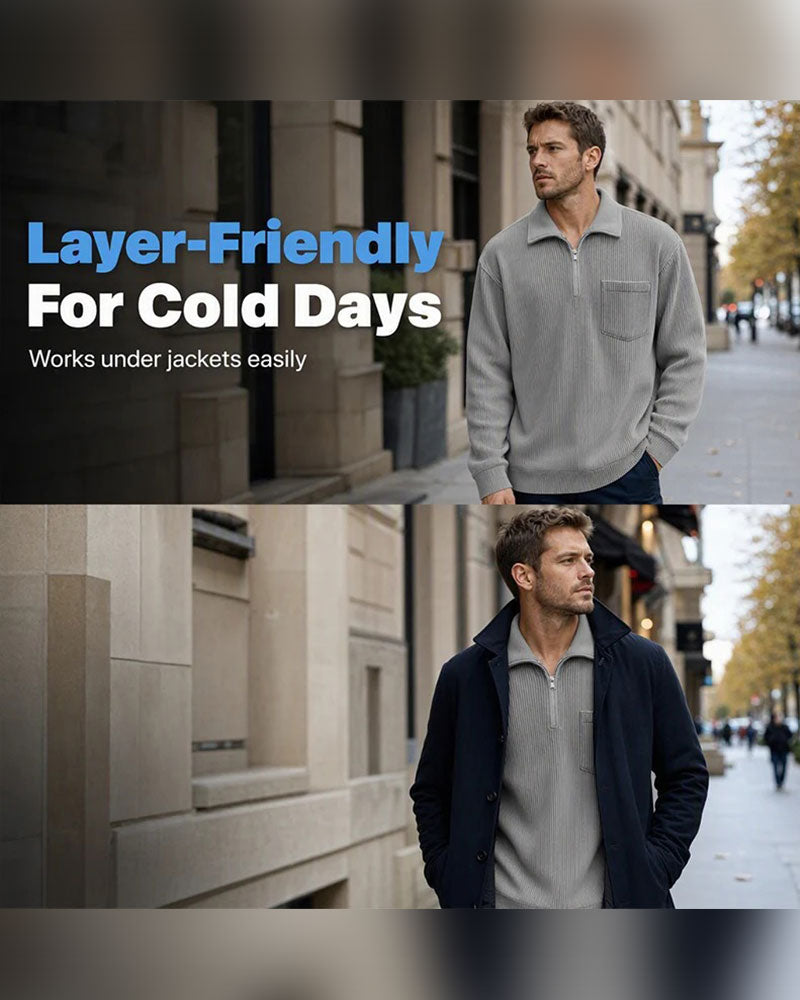 Ribbed Half Zip Lapel Long Sleeve Sweatshirt