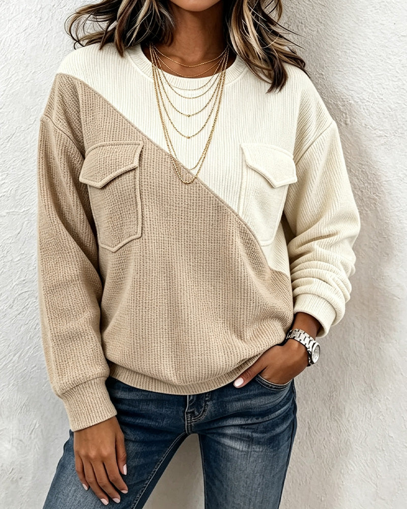Asymmetric Pocket Casual Crew Neck Sweatshirt