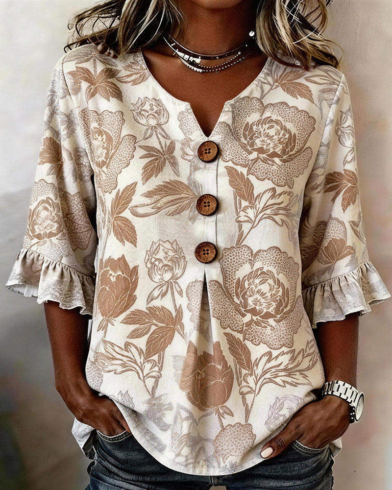 Printed Ruffled Cuff Blouse
