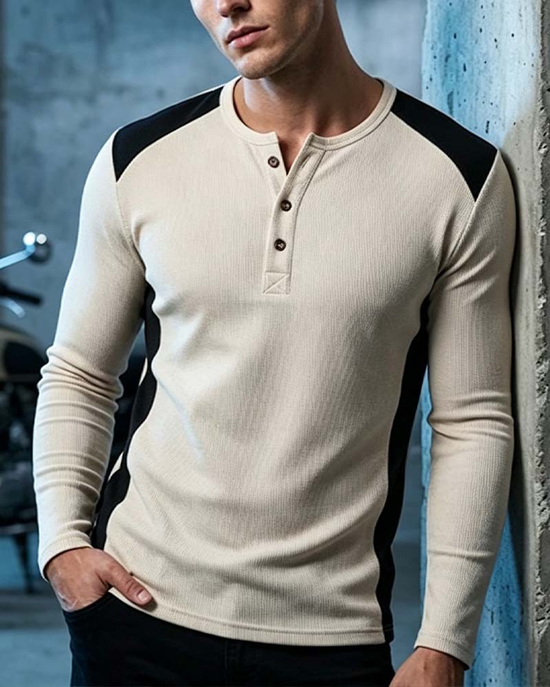 Two-Tone Crewneck Buttoned Top
