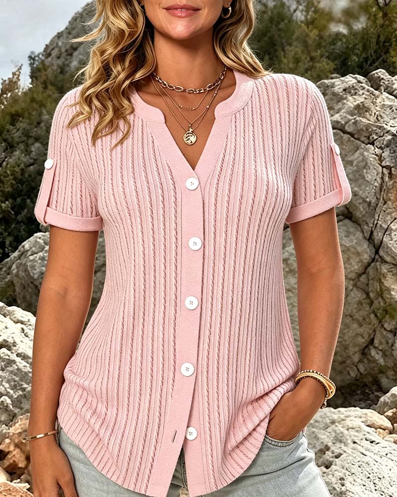 Mini V-Neck Button Solid Blouse