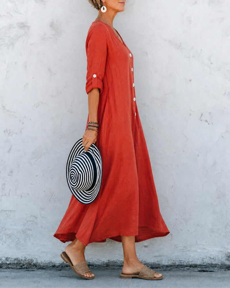 V-Neck Button A-Line Long Dress