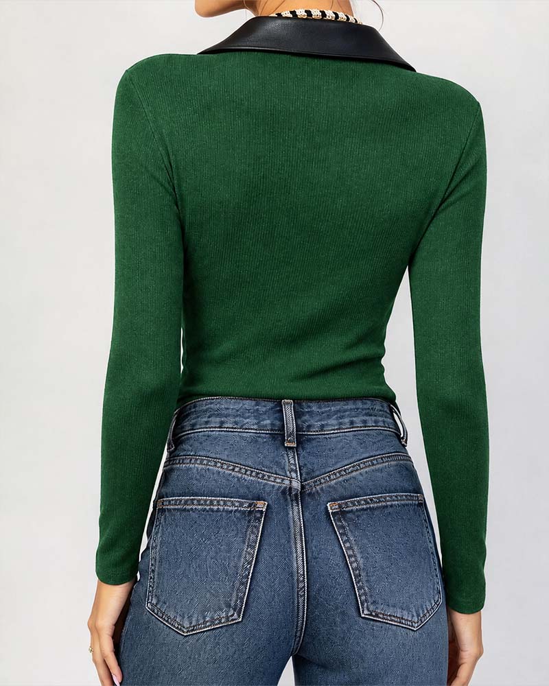 PU Lapel Cross Long Sleeve Top