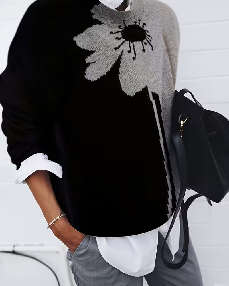 Color-Block Large Floral Jacquard Crewneck Pullover