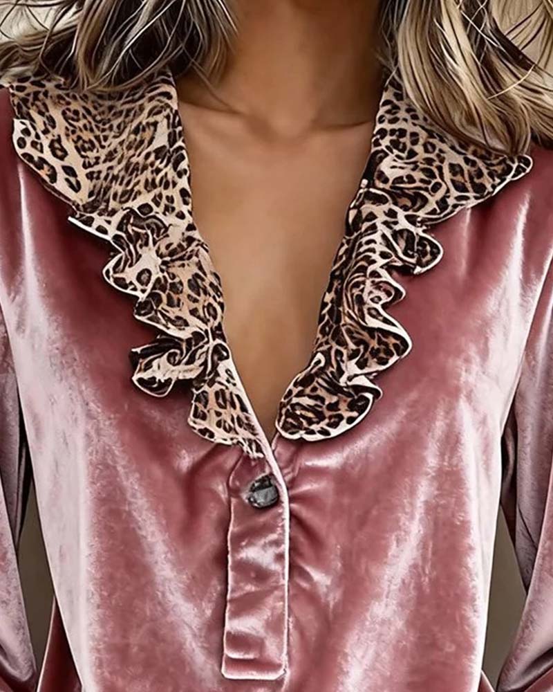 V-Neck Leopard Print Ruffle Sleeve Blouse