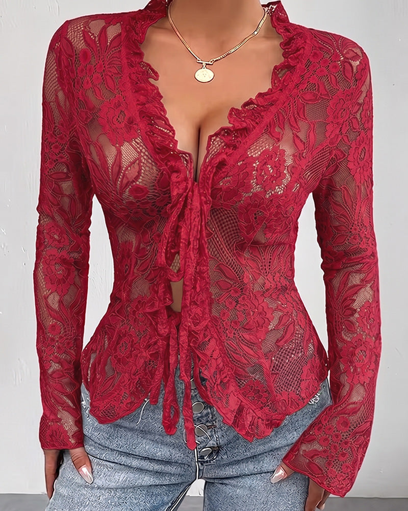 V-Neck Tie Lace Blouse