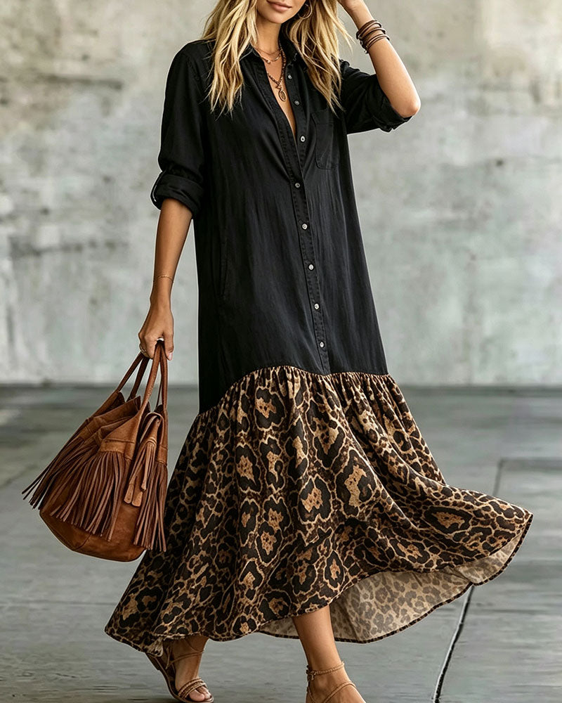 Lapel Buttoned Leopard Print Dress