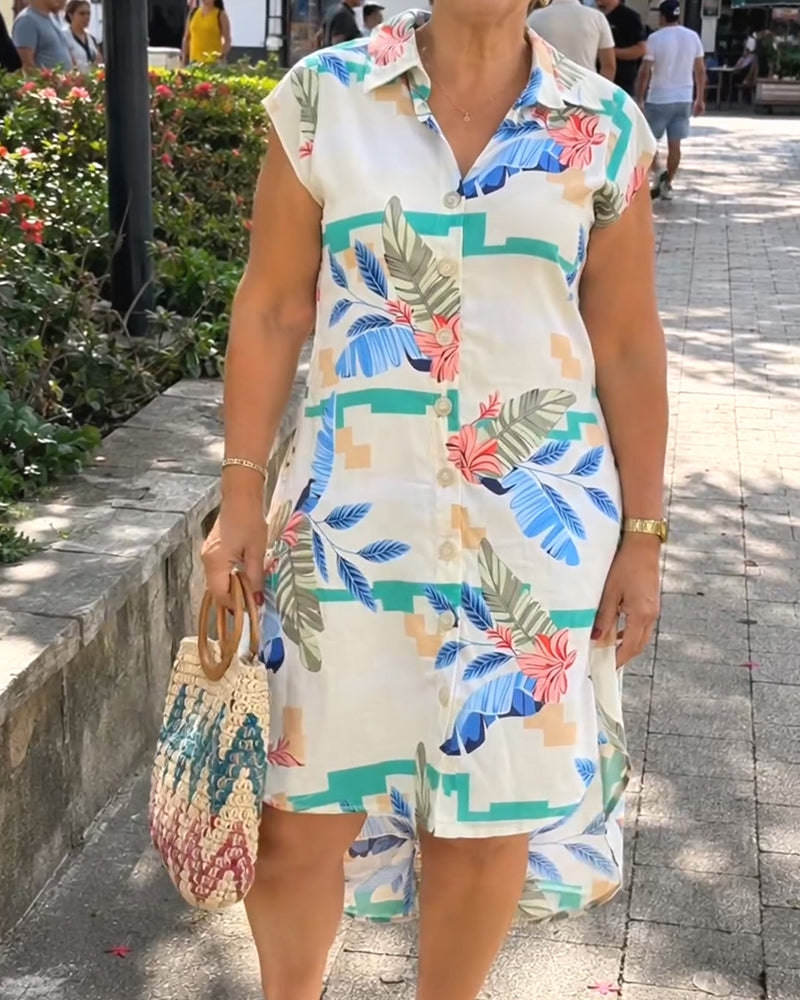 Leaf Print Lapel Shirt Dress