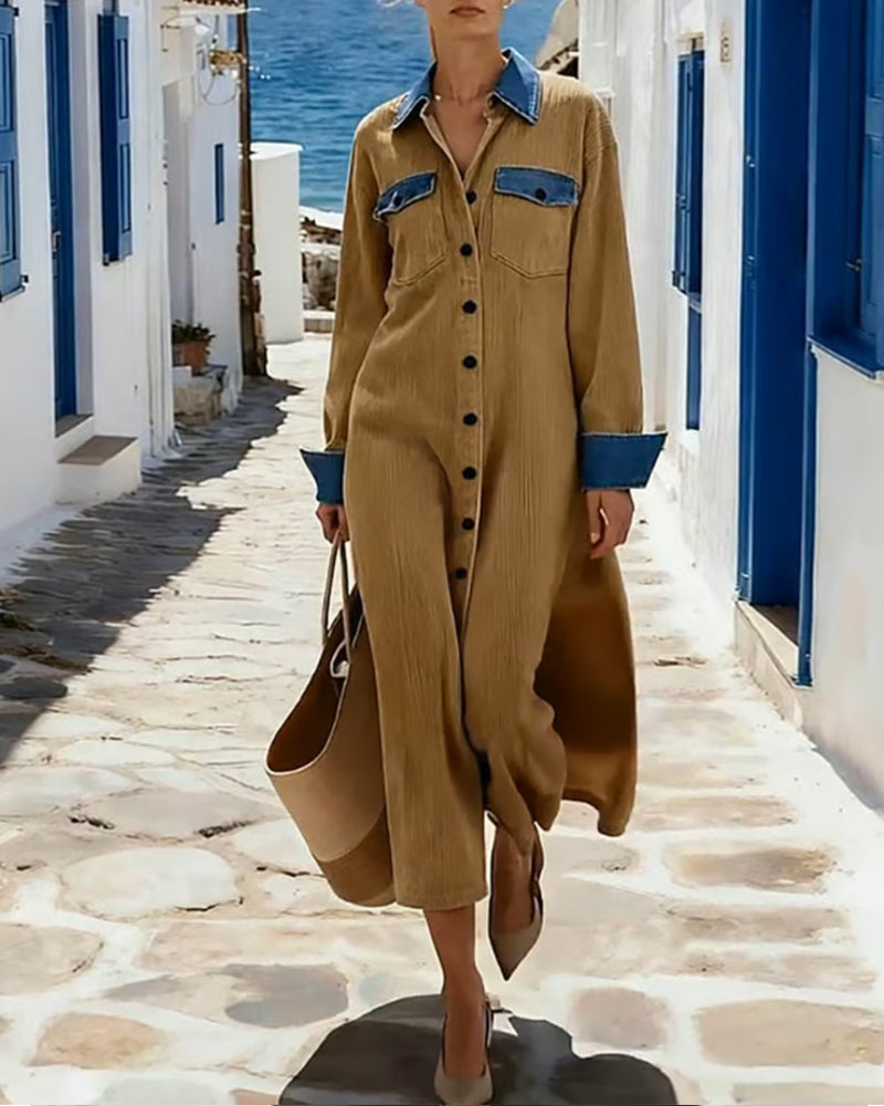 Color-Blocked Stylish Lapel Dress