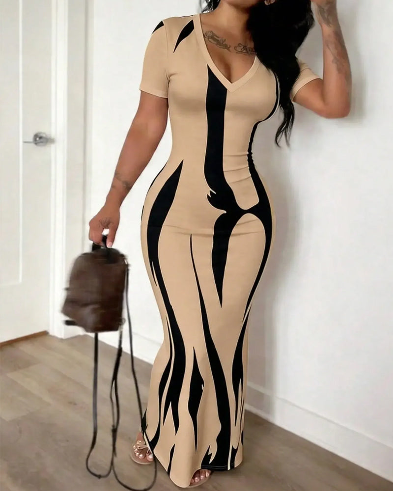 V-Neck Stripe Fitted Waist-Cinching Dress