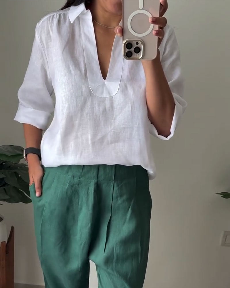 Collared Cotton-Linen Blouse