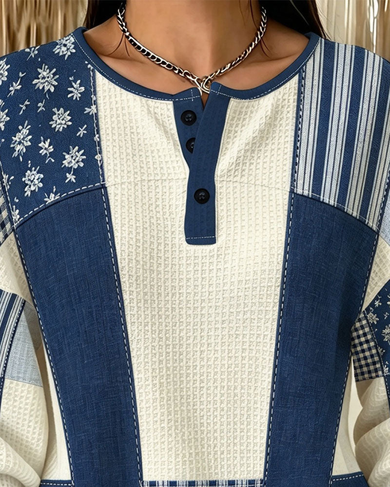 Crew Neck Button Floral Plaid Sweatshirt
