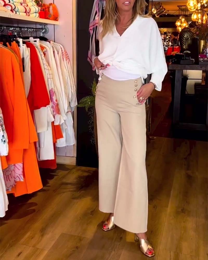 Tie Solid Color V-Neck Blouse