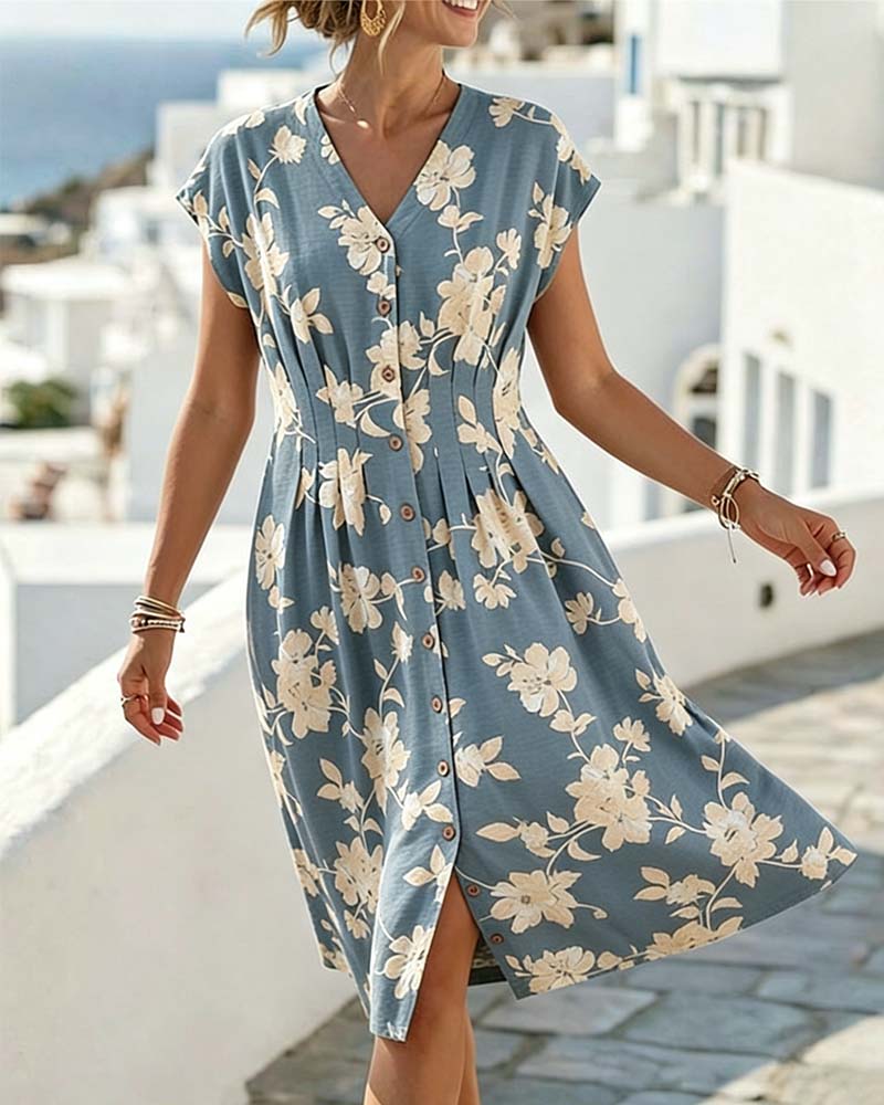 V-Neck Print Cinched Waist Button-Front Dress