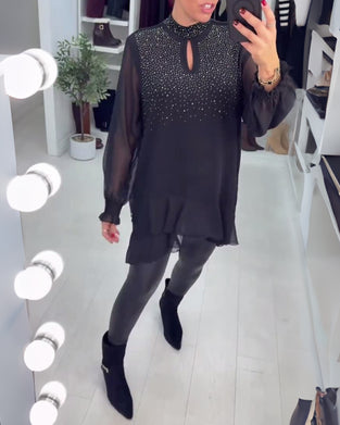 Long-Sleeved Patchwork Rhinestone Blouses