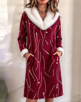 Fuzzy Collar Pattern Mid-Length Dress