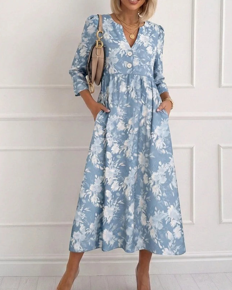 V-Neck Button Floral Shirred Dress