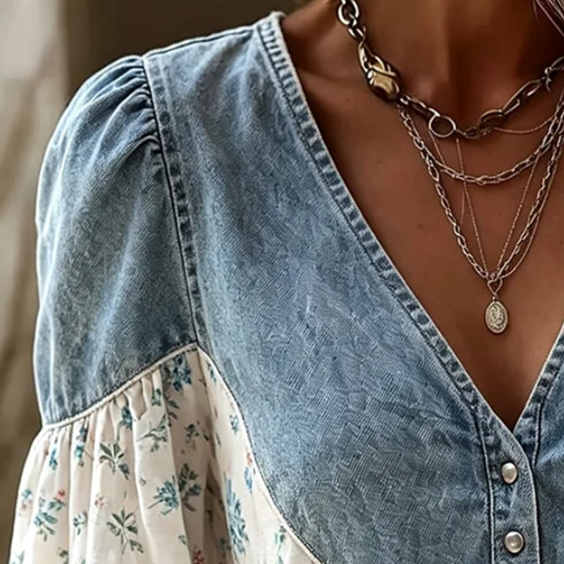 V-Neck Floral Print Puff Sleeve Denim Panel Blouse