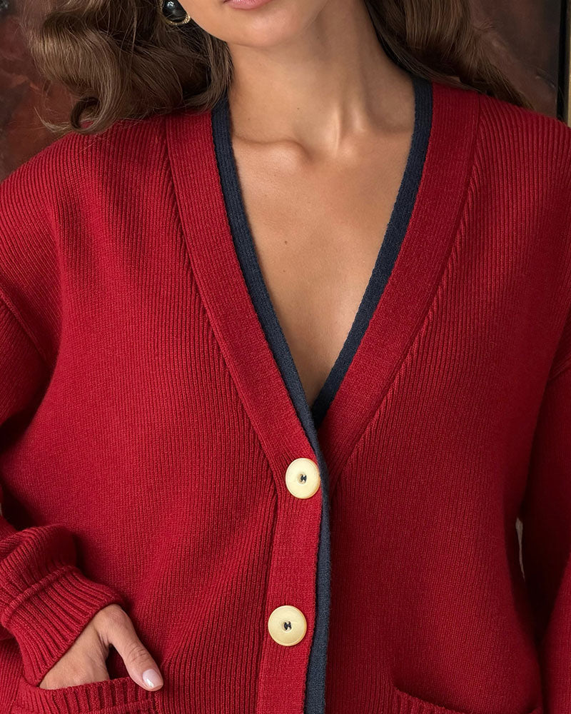 V-Neck Button Color Block Pocket Cardigan