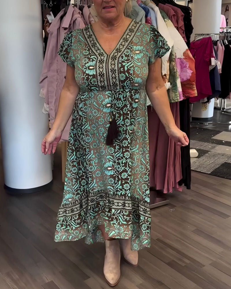 Retro Floral Print Mid-Sleeve Dress